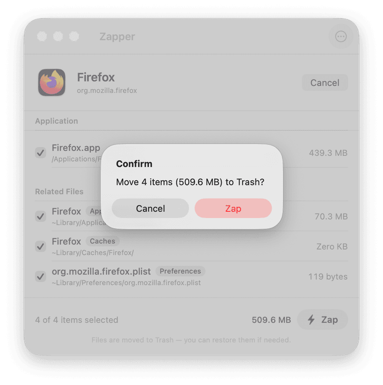 Zapper confirmation dialog